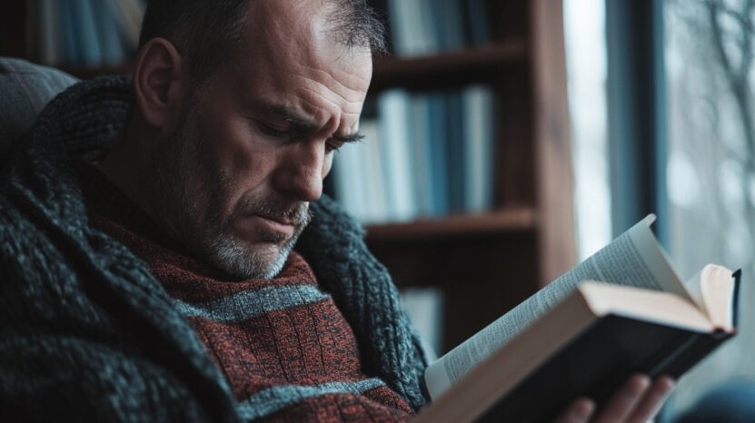 Middle-aged man wearing a sweater, reading a book intently in a cozy setting with shelves of books in the background